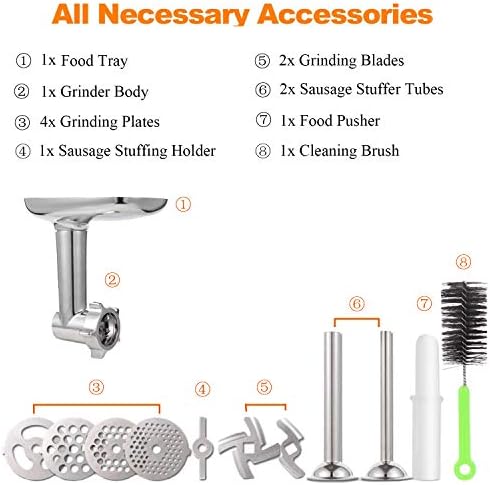 Meat Grinder Attachment for KitchenAid Stand Mixers, Accessories Included 2 Sausage Stuffer Tubes, Durable Metal Food Grinder Attachments by Kitchood, Silver