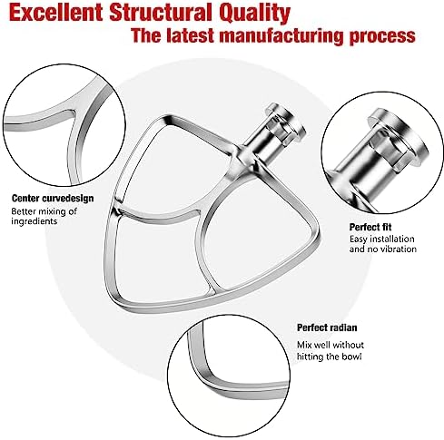 4.5-5QT Stainless Steel Flat Beater for KitchenAid Stand Mixer, Kitchen Aid Paddle Attachment Accessories/No coating/Dishwasher Safe Replacement for K45 KN15E1X KSM75 and Other Models
