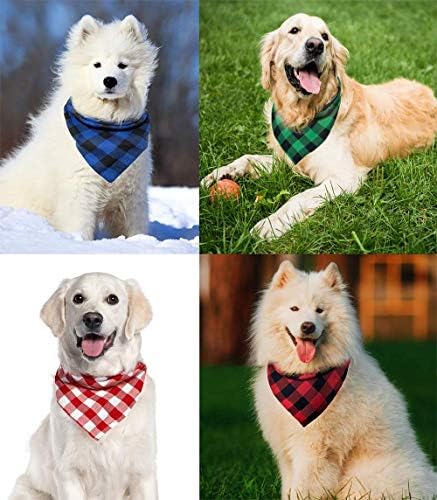 2PCS Chirstmas Red and Black-White Plaid Dog Bandanas with Button, Dual Layer Scarf Soft Cotton Triangle Bib Girls and Boys Kerchief Adjustable Accessories for Small Medium Large Pets