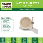 Paper Plates, 100% Compostable Heavy Duty, Disposable 7 Inch, Small Dessert Plate - [125-Pack] - {PFAS-Free} - {BPI Certified} Eco-Friendly, Biodegradable Bagasse Natural Brown 7" Small Plates