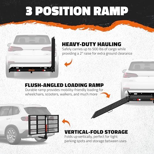 Mockins XL 60"x30"x5" Folding Hitch Cargo Carrier with Ramp | Heavy Duty Trailer Hitch Basket Cargo Carrier with Portable Wheelchair Ramp | 500 Lbs. Cap Weatherproof Steel Scooter Rack & Accessories