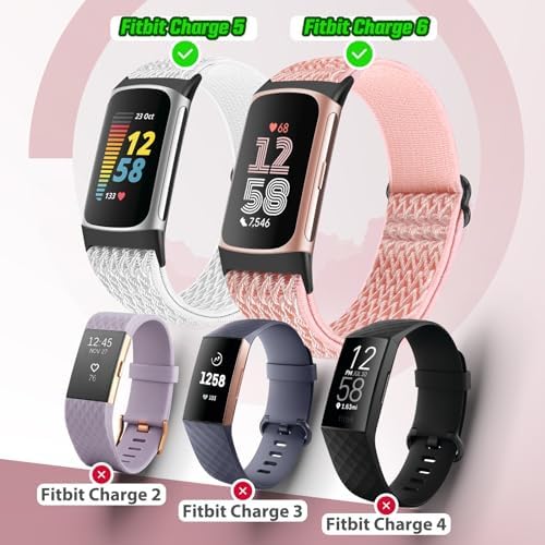 5 Pack Elastic Nylon Watch Bands Compatible for Fitbit Charge 6/Fitbit Charge 5, Adjustable Breathable Replacement Stretchy Nylon Loop Wristband Sport Strap for Women Men