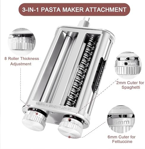Pasta Maker for Kitchenaid Attachments, 3 in 1 Stainless Steel Pasta Attachment for Kitchenaid Stand Mixer, Included Pasta Roller, Spaghetti&Fettuccine Cutter, 1 Metal Knob Screw Replacement