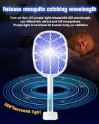 2PACK Electric Fly Swatter,4000V Bug Zapper Racket,2 in 1 Mosquito Zapper Racket with 1200ml Battery Rechargeable Purple Mosquito Killer Lamp with 3 Layers Safety Net Suitable for Indoor and Outdoor
