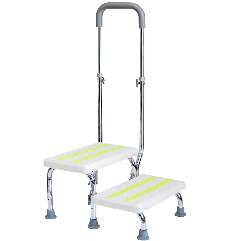 2 Step Stool with Handle for Elderly - Non-Slip Bedside Steps with Adjustable Handrail (450 lbs Capacity)