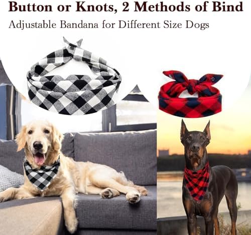 2PCS Chirstmas Red and Black-White Plaid Dog Bandanas with Button, Dual Layer Scarf Soft Cotton Triangle Bib Girls and Boys Kerchief Adjustable Accessories for Small Medium Large Pets