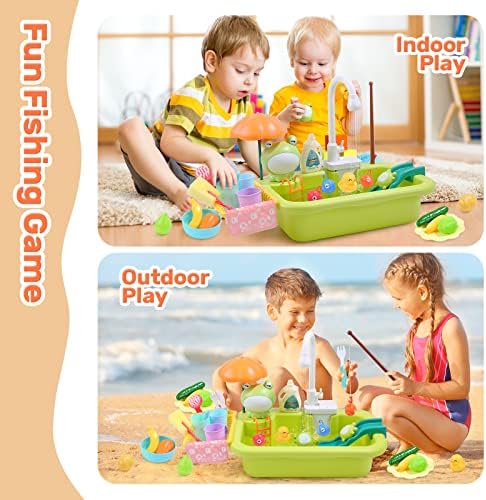 CUTE STONE Play Sink with Running Water, Kitchen Sink Toys with Upgraded Electric Faucet, Play Kitchen Toy Accessories, Pool Floating Fishing Toys for Water Play, Kids Role Play Dishwasher Toy