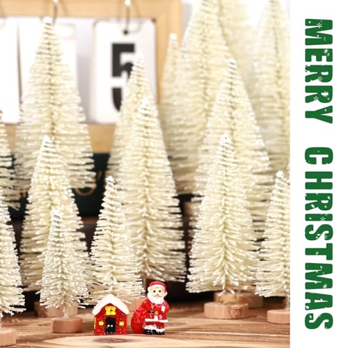 30Pcs Mini Christmas Trees Artificial Christmas Tree Bottle Brush Trees with Wooden Base for Christmas Decor Christmas Party Home Table Craft Decorations(Beige)