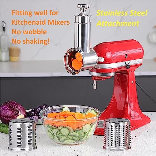 Large Stainless Steel Slicer Shredder Attachment for KitchenAid Mixers, Dishwasher Safe Salad Maker, Cheese Grater Accessories with 3 Blades & 1 Knob Thumb Screw