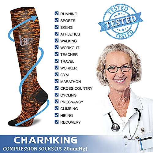 CHARMKING Compression Socks for Women & Men (8 Pairs) 15-20 mmHg Graduated Copper Support Socks are Best for Pregnant, Nurses - Boost Performance, Circulation, Knee High & Wide Calf (L/XL, Multi 25)