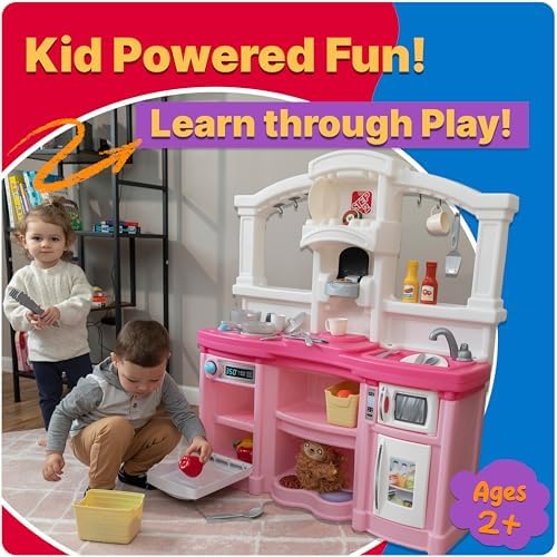 Step2 Fun with Friends Kids Kitchen Playset, Indoor/Outdoor Kitchenette, Interactive Play with Lights and Sounds, Durable Plastic, Includes 25 Piece Toy Accessories, Toddlers 2+ Years Old, Pink