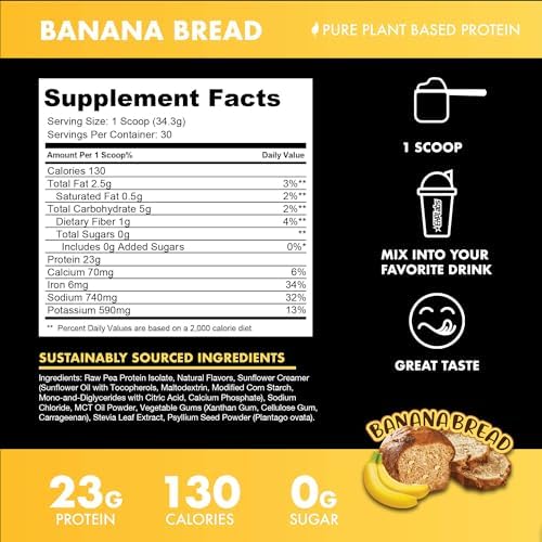 Blessed Vegan Protein Powder - Plant Based Protein Powder Meal Replacement Protein Shake, 23g of Pea Protein Powder, Dairy Free, Gluten Free, Soy Free, No Sugar Added, 30 Servings (Banana Bread)