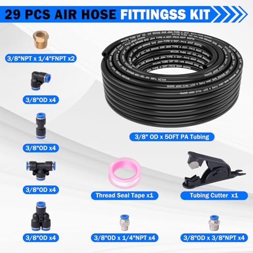 Air Line Tubing Kit, 3/8" OD DOT Air Line 50 FT(15 m) SAE j844 PA Nylon Air Hose Tubing and Push to Connect Fittings for Air Brake System Or Fluid Transfer, 29 Pcs Compressed Accessories Kit