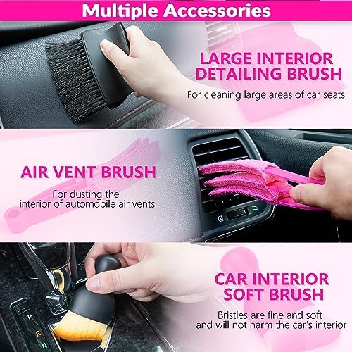 Car Vacuum Detailing Kit, Interior Car Cleaning Kit with High Power Handheld Vacuum and 7Pcs Detailing Brush Set, Well-Designed Women's Pink Car Accessories Bag
