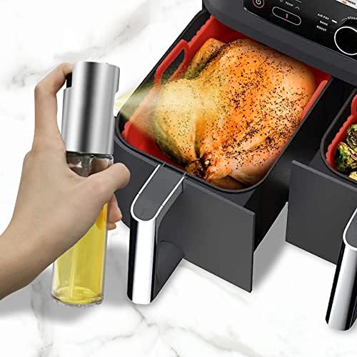Daily Treasures 2 Pack Foldable Air Fryer Liners for Ninja Air Fryer Dual with 1Pack Oil Sprayer Dispenser, Ninja Air Fryer Accessories Reusable Air Fryer Silicone Liner for Ninja Dual Air Fryer(Red)