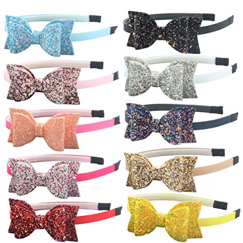 XIMA 10pcs Glitter Sequin Bow Hairband Shiny Bow Knot Teeth Plastic Headbands for Kids Hair Accessories