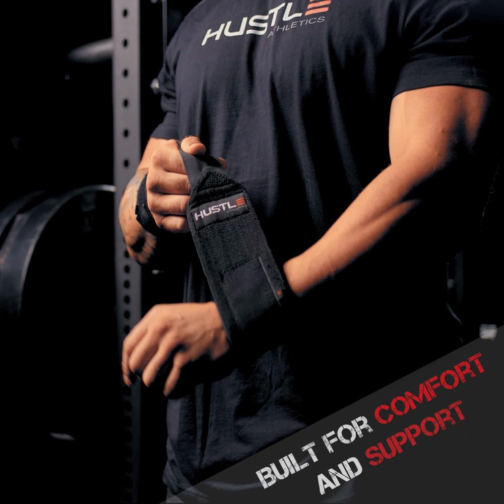 Hustle Athletics Wrist Wraps - Best Weightlifting Support (Professional Competition Grade Wrap) - Brace Your Wrists to Push Heavy, Avoid Injury & Improve Your Workout - for Men & Women