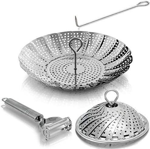 Veggie Steamer Basket - Large - Fits Instant Pot Pressure Cooker 3, 5, 6 Qt & 8 Quart - 100% Stainless Steel - Accessories Include Safety Tool + Julienne Peeler + eBook - For Instapot