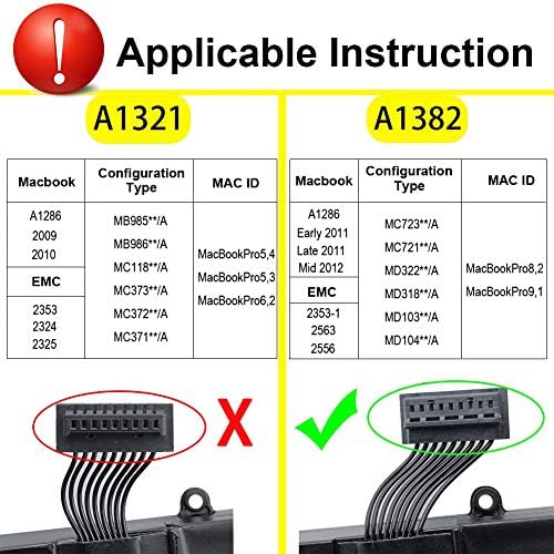 A1382 Battery for MacBook Pro 15 inch A1286 Early 2011 Late 2011 Mid 2012 New Replacement Laptop Battery (7200mAh 10.95V/78.84Wh 25 Months Warranty)