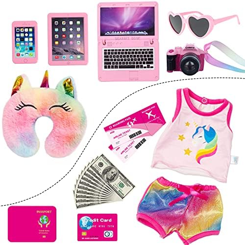 23 Pcs American 18 inch Doll Clothes and Accessories - Suitcase Luggage, Pillow, Sunglasses, Camera, Passport, Mobile Phone, Computer Doll Travel Gear Play Set