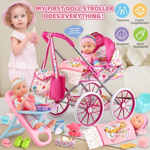 Baby Doll Stroller Toys Set with 12.5" Baby Doll,Dining Chair,Quilt Pillow,24 PCS Baby Doll Accessories and 2 Sets Doll Clothes,Baby Stroller Toys for Girls Toddlers 3-5 4-6 Gifts for Pretend Play