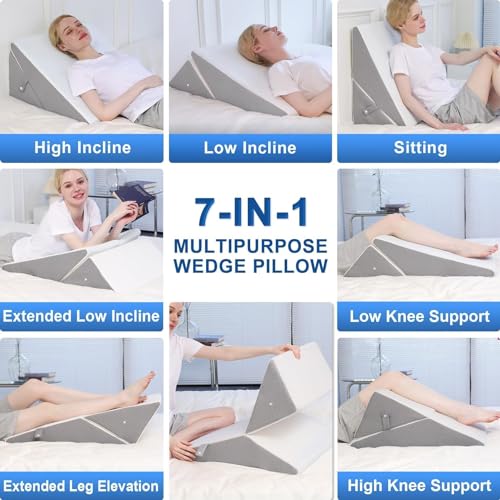 ROCYJULIN Wedge Pillow for Sleeping, 9 & 12 Inch Adjustable Memory Foam Incline Elevated Pillow Wedge, Triangle Wedge Pillows for After Surgery, Acid Reflux and Snoring, Dark Grey & White
