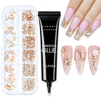 Makartt Champagne Nail Rhinestone with Gel Nail Glue for Gems 15ML Strong Adhesive Nail Rhinestone Glue Round & 3D Shape Flatback Nail Crystal Diamond for Nail Charm Accessories Jewels Decoration
