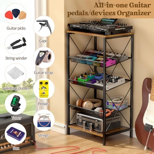 Guitar Pedal Organizer, 5 Tier Tuner Pedal Storage Shelf, Vintage Pedal Board Holder Stand, Freestanding Wooden Music Tuning Accessories Organization for Bass Guitar Ukulele Violin