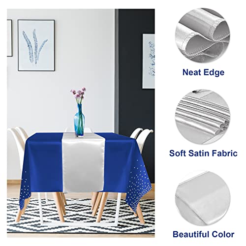 24Pack Disposable Plastic Tablecloths and Satin Table Runner Set Blue and Silver Dot Tablecloth Silver Satin Table Runner for Wedding Birthday Baby Shower Anniversary Christmas New Year Party Supplies