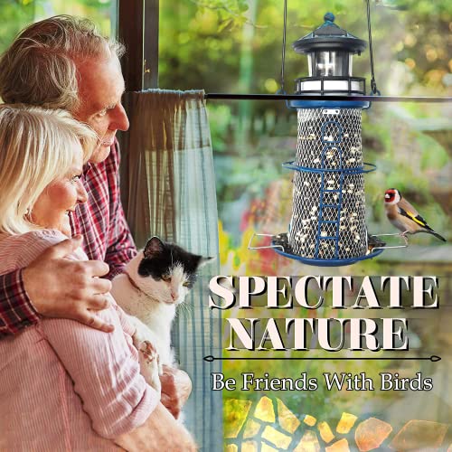 wtreew Solar Lighthouse Bird Feeder with Rotating Beacon - 14" Hanging Mesh Wild Bird Feeders for Eaves, Balcony, Trees, Hooks, Best Bird Feeder Gifts for Bird Lovers,Women,Kids,Elderly(Space Blue)
