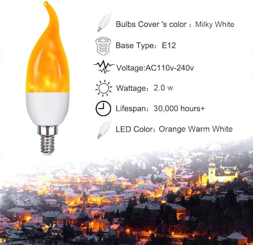 OHLGT E12 Flame Bulbs 6 Packs, 3 Mode LED Candelabra Flame Light Bulb 2.0 Watt Warm White Chandelier Flame Bulbs,1800k Candle Light Bulbs, Flame Tip for Christmas Party Decorations