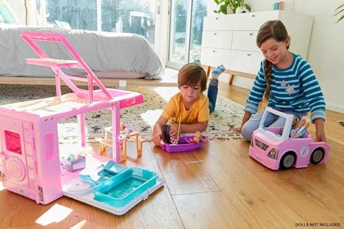 Barbie Camper Playset, 3-in-1 DreamCamper with Pool & 50 Accessories, Transforms into Doll-Sized Truck, Boat & House (Amazon Exclusive)