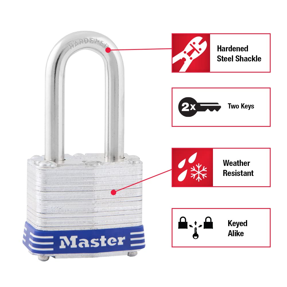 Master Lock 3TLF Laminated Steel Padlock with Key, 2 Pack Keyed-Alike