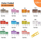 CrocSee 120 Pieces - Car Fuses Assortment Kit, Blade-Type Automotive Fuses - Standard & Mini Size (2A/3A/5A/7.5A/10A/15A/ 20A/25A/30A/35A/40A), Replacement Fuses for Car/RV/Truck/Motorcycle/Boat