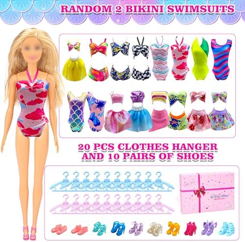 50 Pack Doll Clothes and Accessories, 4 Wedding Gowns 2 Evening Dresses 6 Fashion Dresses 6 Set Casual Outfits Top and Pant 2 Swimsuit Bikini, 20 Hanger 10 Shoe Toys for Girl Birthday Gift