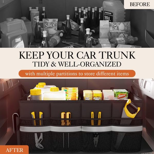 HOTOR Foldable Trunk Organizer - SUV, Sedan & Van Compatible, Sturdy Base Panel for Car Accessories, Black, 2 Compartments, 21.3"12.6"10.6"