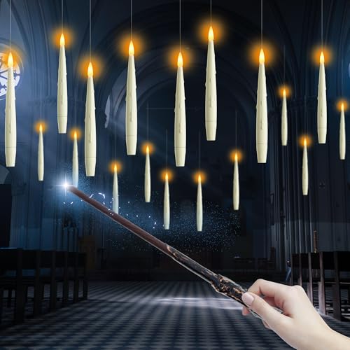 AFINETH Flameless Floating Candles with Wand, Magic Hanging Candles, Flickering Floating LED Candles, Ivory Battery Operated Electric Taper Candles for Halloween Christmas Birthday Theme Party, 12 PCS