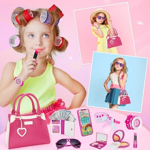 Officygnet Play Purse for Little Girls, Pretend Princess Play Girls Toys for 3 4 5 6 7 8 Year Old, Toddler Purse with Accessories, Kids Toy Purse Birthday for Girls Ages 3-5 4-5 6-8