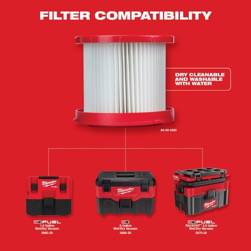 - Milwaukee Replacement Wet/Dry Filter for Cordless Vacuum, Model# 49-90-1900