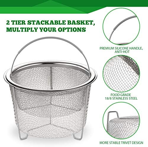 AOZITA Steamer Basket for Instant Pot Accessories 6 qt or 8 quart - 2 Tier Stackable 18/8 Stainless Steel Mesh - Silicone Handle - Vegetable Steamer Insert, Egg Basket, Pasta Strainer,Silver