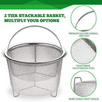 AOZITA Steamer Basket for Instant Pot Accessories 6 qt or 8 quart - 2 Tier Stackable 18/8 Stainless Steel Mesh - Silicone Handle - Vegetable Steamer Insert, Egg Basket, Pasta Strainer,Silver