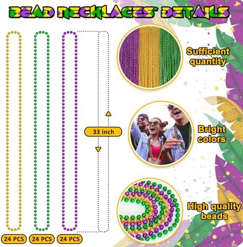 72PCS Mardi Gras Beads Throws, Mardi Gras Green Purple Gold Metallic Beads Necklaces Accessories Bulk, Mardi Gras Beads Necklace Costumes for Parade Throws Party Decorations Favor Supplies