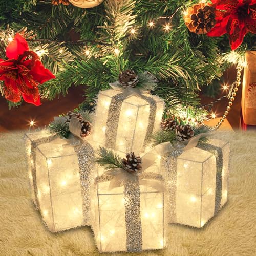 COVFEVER Set of 4 Christmas Lighted Gift Boxes, Pre-lit Lights Gift Boxes, Light up Present Boxes Set Battery Operated with Different Sizes for Holiday Indoor Outdoor Decorations