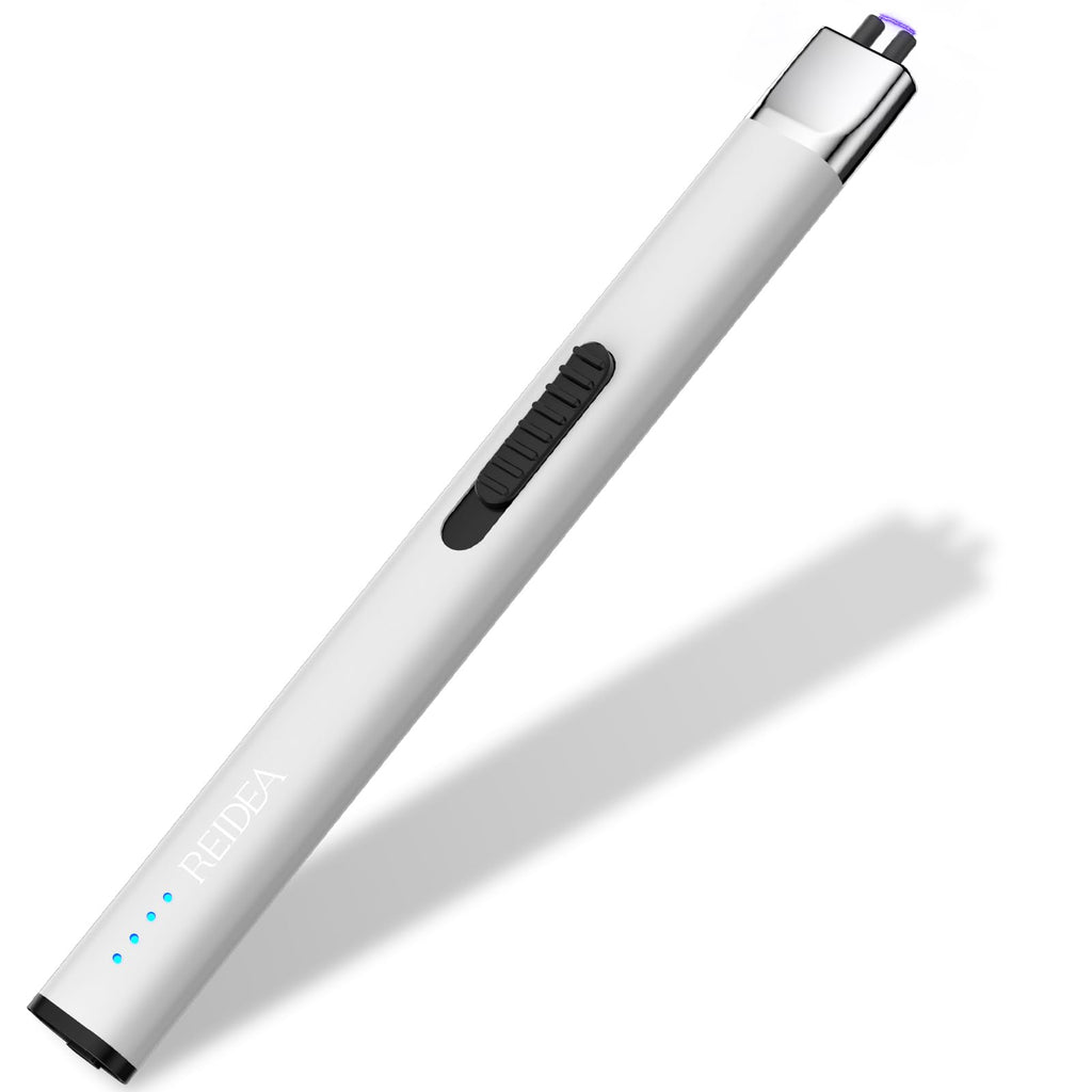 REIDEA Lighter R1 Flat Electronic Candle Lighter, Windproof Flameless USB Rechargeable Arc Lighter with Safe Button and Power Indicator for Candle, BBQ and Fireworks, White