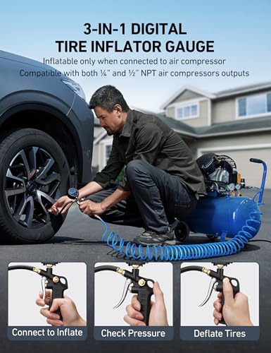 AstroAI Digital Tire Pressure Gauge with Inflator, 250 PSI Air Chuck & Compressor Accessories Heavy Duty with Quick Connect Coupler, 0.1 Display Resolution, Car Accessories, 1pack
