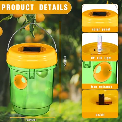 2 Pack Wasp Traps Outdoor Hanging Fly Traps with UV LED Light Solar Powered Hornet Trap Non-Toxic Reusable Hornet Traps Wasp Killer for Indoor Outdoor Patio Garden Home (Green)