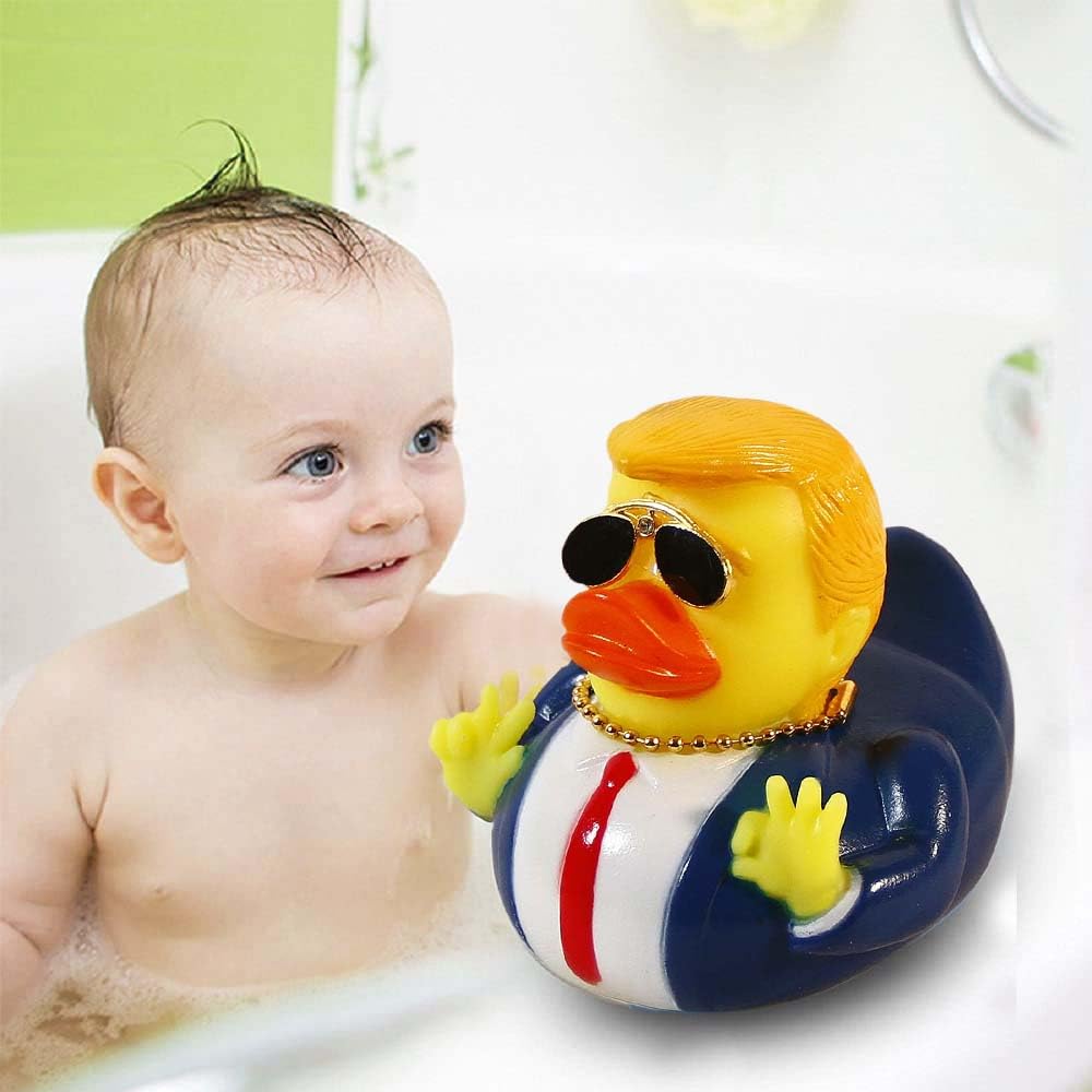 TAOHUAJIANG Rubber Ducks Trump Car Duck Dashboard Decoration Squeak Ducks Toys Car Ornaments Car Décor Accessories with Sunglasses，Defense Accessory and Gold-Plated Necklace (Style F)