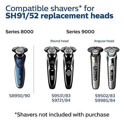 Philips Norelco Genuine SH91/52 Replacement Shaving Heads Compatible with Norelco Shaver Series S9000 and 9000 Prestige, Latest Version for Refreshed SH90/70, SH98/70, and SH98/80