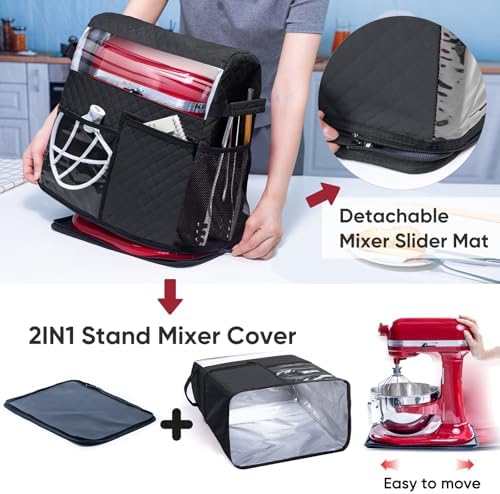 BAGSPRITE Stand Mixer Cover with Detachable Appliance Sliders Base Compatible with KitchenAid Mixer-Storage Bag for 4.5/5 Quart with Pockets for Kitchen Aid Accessories and Attachments