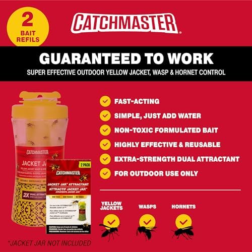 Catchmaster Yellow Jacket, Hornet, & Wasp Trap Jar Bait Refill 2-Pk, Reusable Bug Catcher Attractant, Outdoor Flying Insect Trap, Wasp Killer Bug Trap, Pet Safe Pest Control for Backyard & Patio